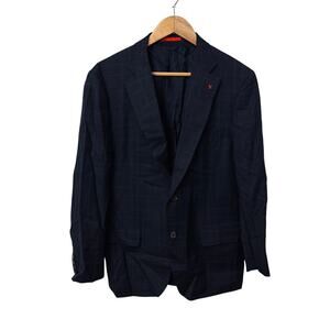 Isaia Napoli Blazer Mens 42 Blue Plaid Wool Gregory Trim Fit EU 52 Suit Jacket